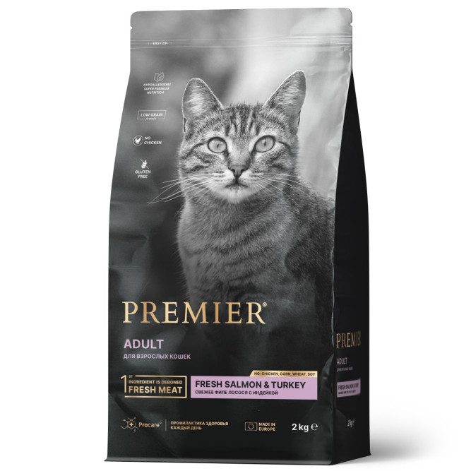 Premier Cat Salmon &amp; Turkey Adult сухой корм для взрослых кошек, свежее филе лосося с индейкой - 2 кг