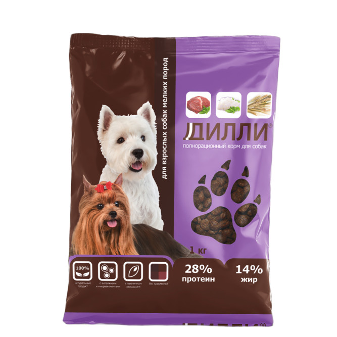 Дилли сухой корм для взрослых собак мелких пород с курицей и индейкой - 1 кг