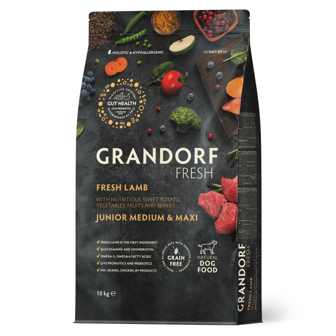 Grandorf Fresh Dog Junior Lamb&amp;Sweet Potato сухой беззерновой корм с живыми пробиотиками для юниоров и беременных собак с ягненком и бататом - 10 кг