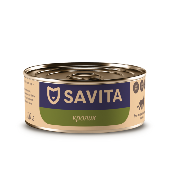Savita влажный корм для взрослых стерилизованных кошек с кроликом, в консервах - 100 г х 12 шт