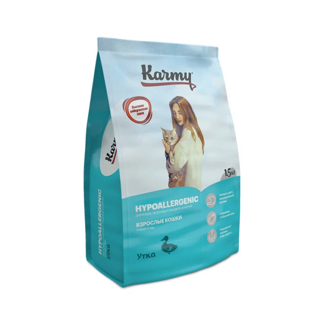Karmy Hypoallergenic Adult полнорационный сухой корм для взрослых кошек, склонных к пищевой аллергии, с уткой - 1,5 кг