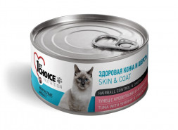 1st Choice Skin &amp; Coat влажный корм для взрослых кошек для кожи и шерсти с тунцом, креветками и ананасом в консервах - 85 г