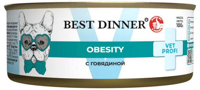 Best Dinner Vet Profi Obesity влажный диетический корм для снижения и контроля избыточной массы тела у взрослых собак, с говядиной, в консервах - 100 г х 12 шт