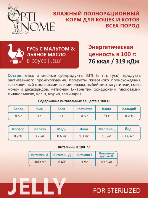 Optinome влажный корм для взрослых стерилизованных кошек для выведения комков шерсти с гусем, мальтом и льняным маслом в желе, в паучах - 75 г х 28 шт