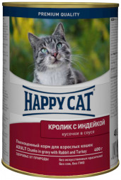 Happy Cat консервы для взрослых кошек с кроликом и индейкой в соусе - 400 г х 12 шт (Россия)