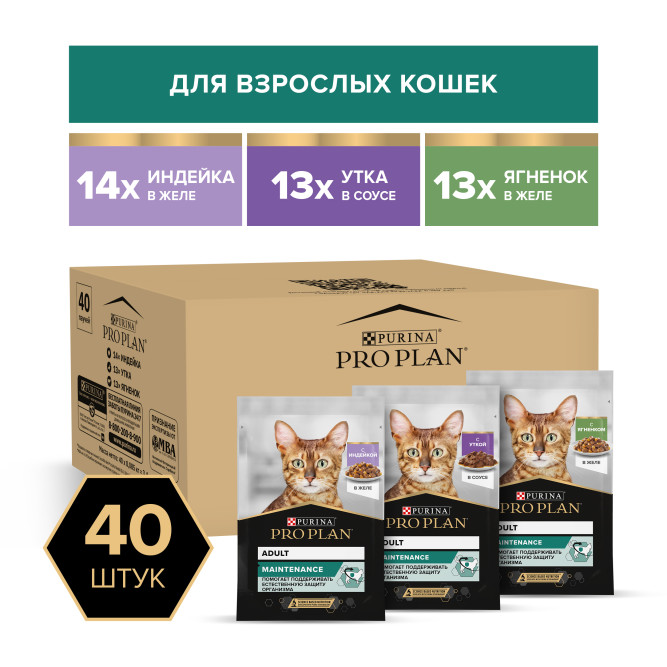 Purina Pro Plan набор паучей для взрослых кошек вкусные кусочки с индейкой в желе, нежные кусочки с уткой в соусе, вкусные кусочки с ягненком в желе - 85 г х 40 шт