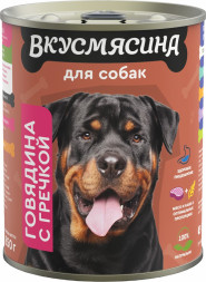 ВКУСМЯСИНА влажный корм для взрослых собак говядина с гречкой, в консервах - 850 г х 6 шт