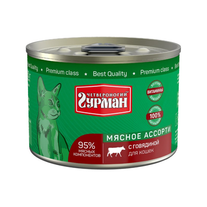 Четвероногий Гурман Мясное ассорти для кошек с говядиной - 190 г (12 шт)