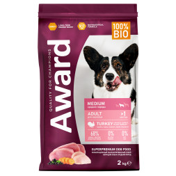 AWARD сухой корм для взрослых собак средних пород, с индейкой, курицей, морковью и черной смородиной - 2 кг