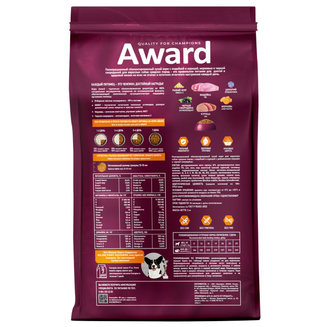 AWARD сухой корм для взрослых собак средних пород, с индейкой, курицей, морковью и черной смородиной - 2 кг