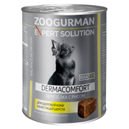 Зоогурман Expert Solution Dermacomfort влажный корм для взрослых собак всех пород, для здоровой кожи и блестящей шерсти с перепёлкой и рисом, консервы - 350 г х 6 шт