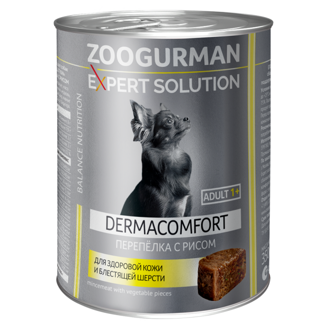 Зоогурман Expert Solution Dermacomfort влажный корм для взрослых собак всех пород, для здоровой кожи и блестящей шерсти с перепёлкой и рисом, консервы - 350 г х 6 шт