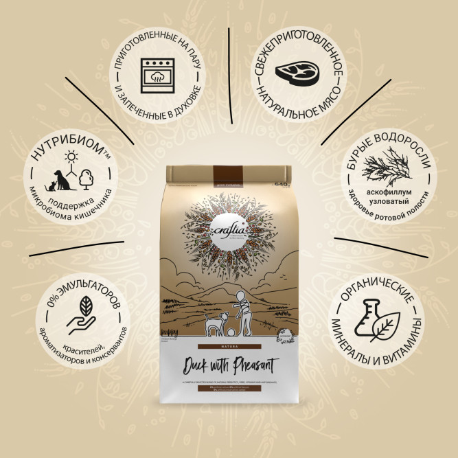 CRAFTIA NATURA сухой корм для щенков средних и крупных пород из с уткой и фазаном - 640 г