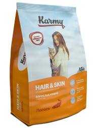 Karmy Hair &amp; Skin сухой корм для взрослых кошек для здоровья кожи и шерсти c лососем - 1,5 кг