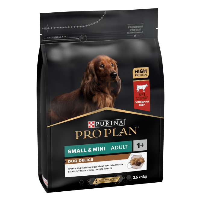 Pro Plan Adult Duo Delice сухой корм для взрослых собак мелких и карликовых пород с двойной текстурой гранул, с говядиной - 2,5 кг
