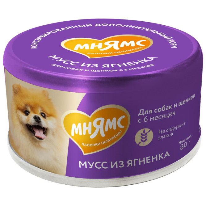 Мнямс влажный дополнительный корм для собак и щенков старше 6 месяцев, мусс из ягненка - 80 г х 24 шт