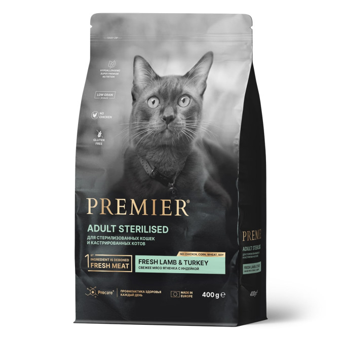Premier Cat Lamb &amp; Turkey Sterilised сухой корм для взрослых стерилизованных кошек, свежее мясо ягненка с индейкой - 400 г