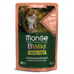 Monge Cat BWild Grain Free влажный беззерновой корм для стерилизованных кошек с лососем, креветками и овощами в паучах 85 г (28 шт в уп)