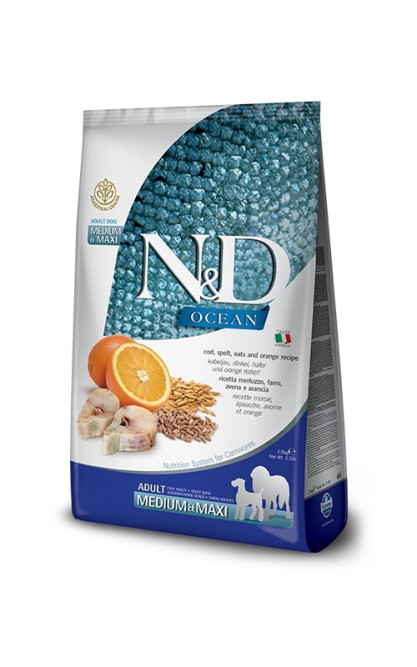 Farmina N&amp;D Ocean Dog Godfish, Spelt, Oats &amp; Orange Adult Medium &amp; Maxi сухой низкозерновой корм для взрослых собак средних и крупных пород с треской и апельсином - 12 кг