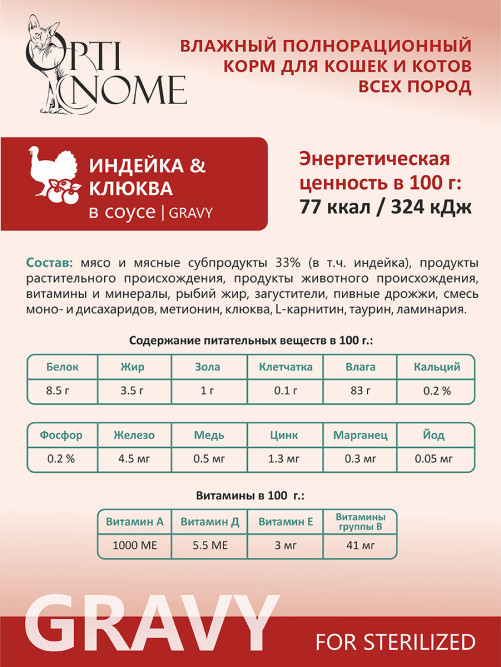 Optinome влажный корм для взрослых стерилизованных кошек для профилактики МКБ и цистита с индейкой и клюквой в соусе, в паучах - 75 г х 28 шт