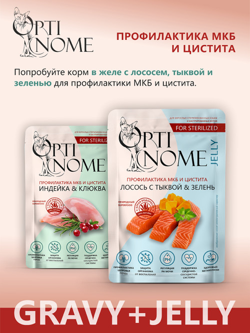 Optinome влажный корм для взрослых стерилизованных кошек для профилактики МКБ и цистита с индейкой и клюквой в соусе, в паучах - 75 г х 28 шт