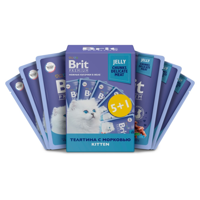 Брит Премиум набор паучей для котят с телятиной и морковью кусочки в желе - 85 г х 5+1 шт