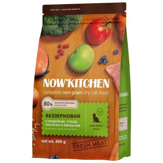 NOW' Kitchen сухой беззерновой корм для котят, со свежей индейкой, уткой, лососем и овощами - 400 г
