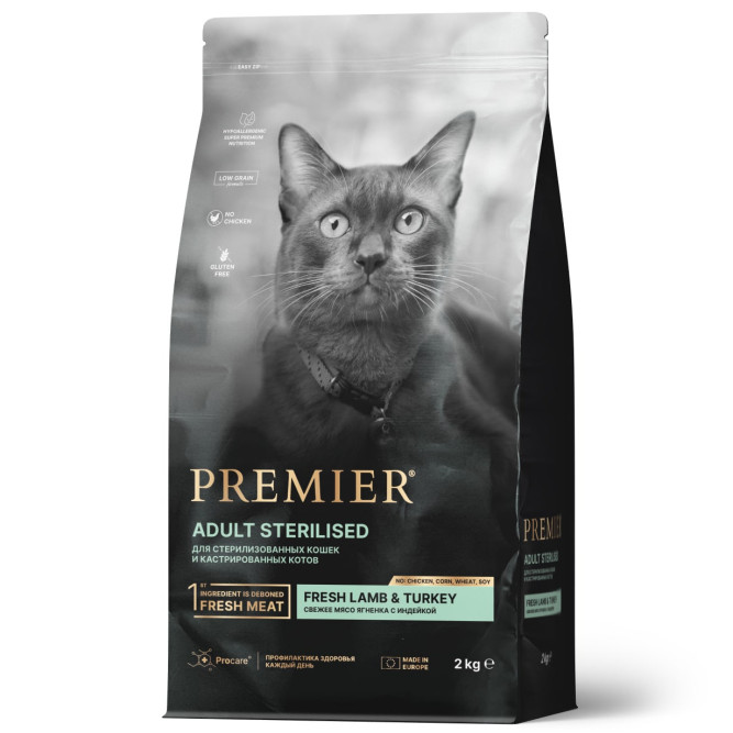 Premier Cat Lamb &amp; Turkey Sterilised сухой корм для взрослых стерилизованных кошек, свежее мясо ягненка с индейкой - 2 кг