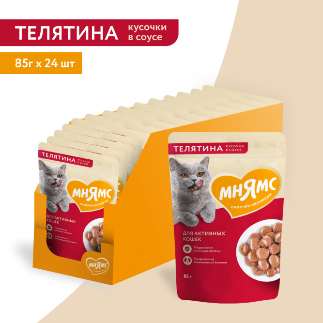 Мнямс влажный корм для активных кошек кусочки в соусе с телятиной, в паучах - 85 г х 24 шт