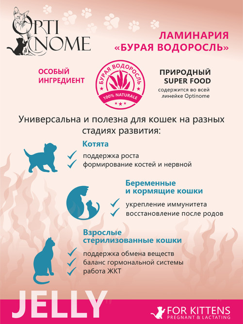 Optinome влажный корм для котят и беременных, кормящих кошек для крепкого иммунитета и гармоничного развития с индейкой и яичным белком в желе, в паучах - 75 г х 28 шт