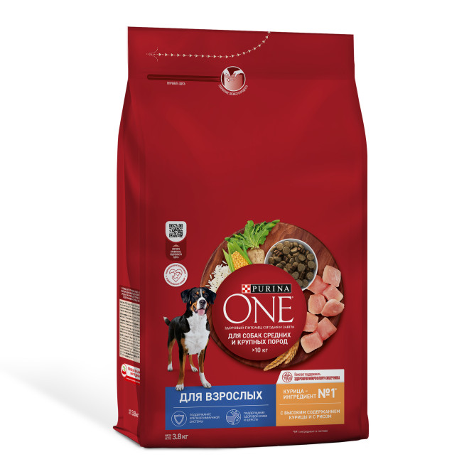 Purina ONE сухой корм для взрослых собак средних и крупных пород с высоким содержанием курицы и с рисом - 3,8 кг