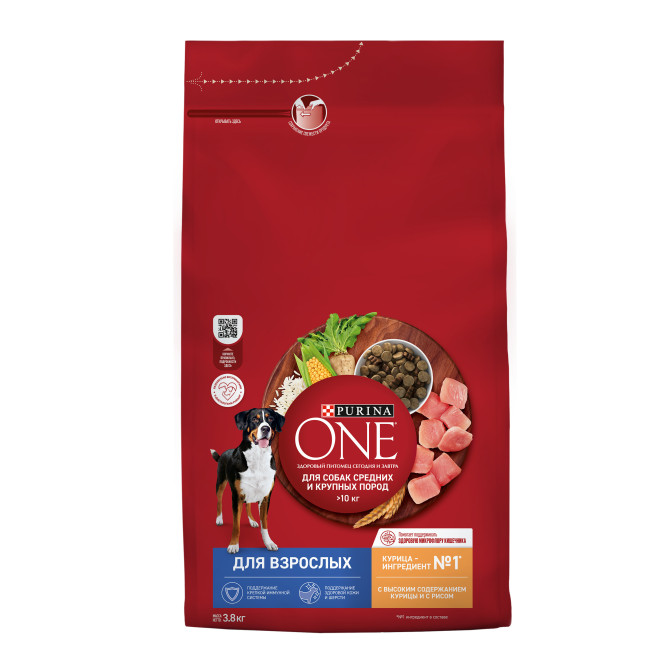 Purina ONE сухой корм для взрослых собак средних и крупных пород с высоким содержанием курицы и с рисом - 3,8 кг