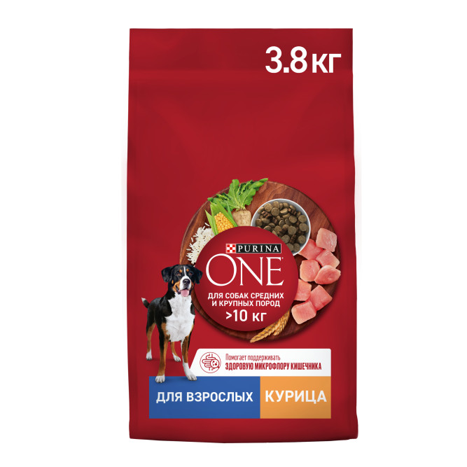 Purina ONE сухой корм для взрослых собак средних и крупных пород с высоким содержанием курицы и с рисом - 3,8 кг