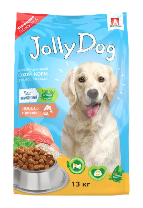 Зоогурман Jolly Dog сухой корм для взрослых собак, с лососем и рисом - 13 кг