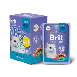 Брит Премиум набор паучей для взрослых стерилизованных кошек с препелкой кусочки в желе - 85 г х 5+1 шт