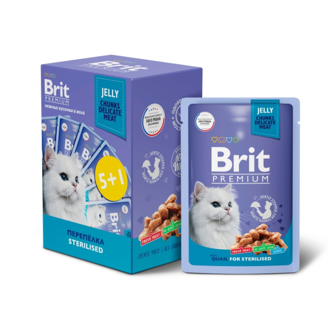 Брит Премиум набор паучей для взрослых стерилизованных кошек с препелкой кусочки в желе - 85 г х 5+1 шт