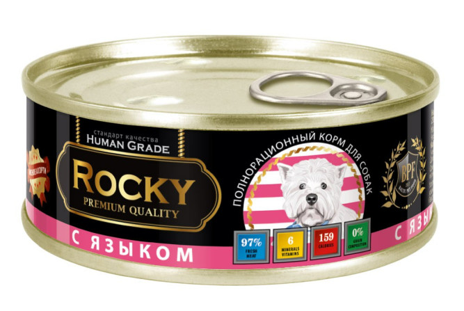 Rocky влажный корм для взрослых собак мясное ассорти с языком, в консервах - 100 г х 24 шт