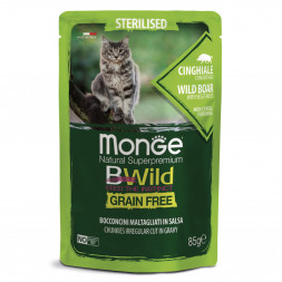 Monge Cat BWild Grain Free влажный беззерновой корм для стерилизованных кошек с мясом дикого кабана и овощами в паучах 85 г (28 шт в уп)