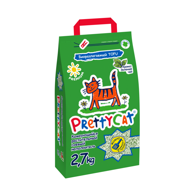 PrettyCat наполнитель комкующийся соевый для кошачьего туалета, с ароматом зелёного чая - 2,7 кг