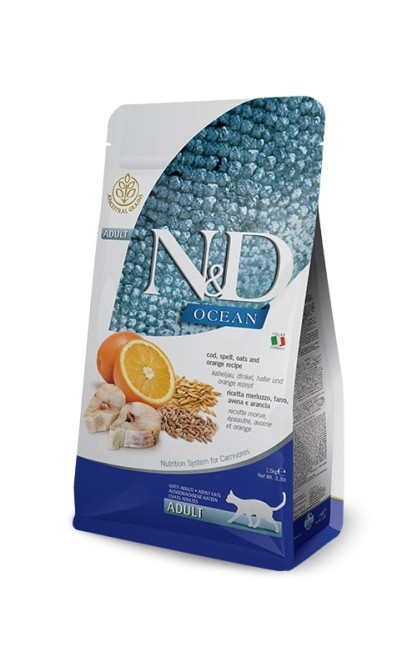 Farmina N&amp;D Ocean Cat Godfish, Spelt, Oats &amp; Orange Adult сухой низкозерновой корм для взрослых кошек с треской и апельсином - 10 кг