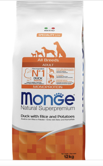 Monge Dog Speciality сухой корм для взрослых собак всех пород с уткой, рисом и картофелем - 12 кг