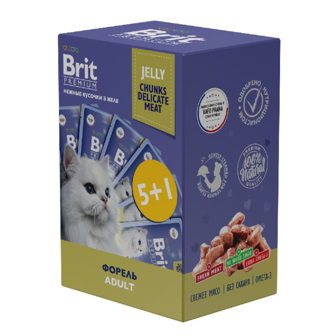 Брит Премиум набор паучей для взрослых кошек с форелью кусочки в желе - 85 г х 5+1 шт