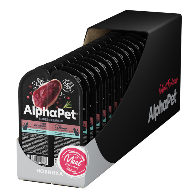 AlphaPet Superpremium влажный корм для кошек с чувствительным пищеварением утка и клюква, в ламистерах - 80 г х 15 шт