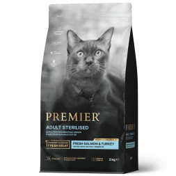 Premier Cat Salmon &amp; Turkey Sterilised сухой корм для взрослых стерилизованных кошек, свежее филе лосося с индейкой - 2 кг