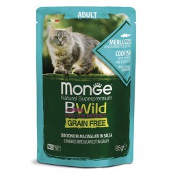 Monge Cat BWild Grain Free влажный беззерновой корм для взрослых кошек с треской, креветками и овощами в паучах 85 г (28 шт в уп)