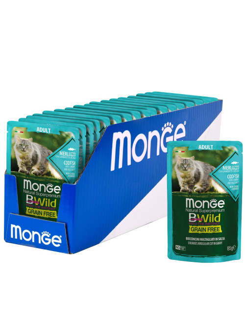 Monge Cat BWild Grain Free влажный беззерновой корм для взрослых кошек с треской, креветками и овощами в паучах 85 г (28 шт в уп)