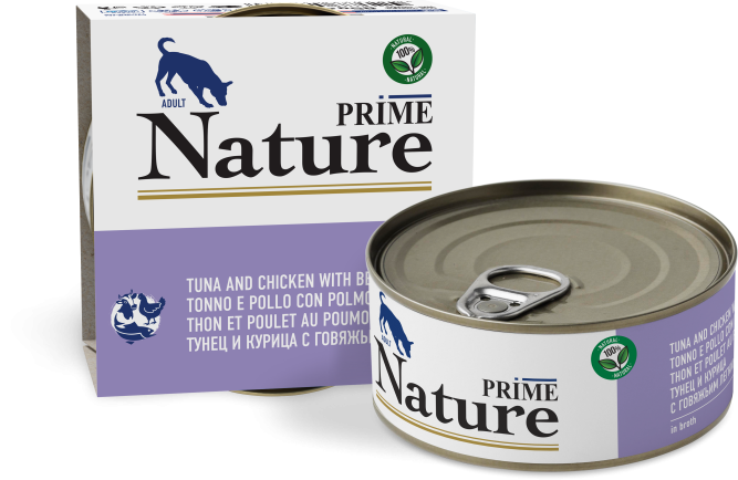 PRIME Nature влажный корм для взрослых собак всех пород, курица и тунец с говяжьим легким в бульоне, в консервах - 150 г х 24 шт
