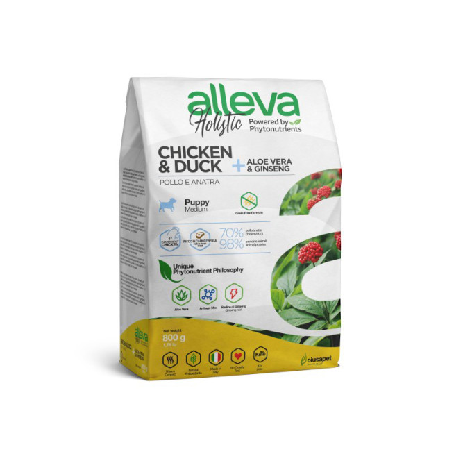 Alleva Holistic Puppy/Junior Chicken &amp; Duck Medium сухой корм для щенков и юниоров с курицей и уткой, алое вера и женьшенем - 800 г