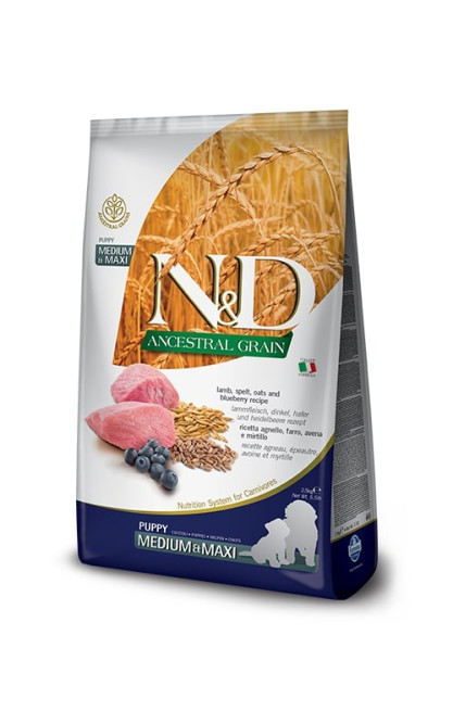 Farmina N&amp;D Ancestral Grain Dog Lamb Blueberry Puppy Medium &amp; Maxi сухой низкозерновой корм для щенков средних и крупных пород, беременных и кормящих собак с ягненком и черникой - 2,5 кг