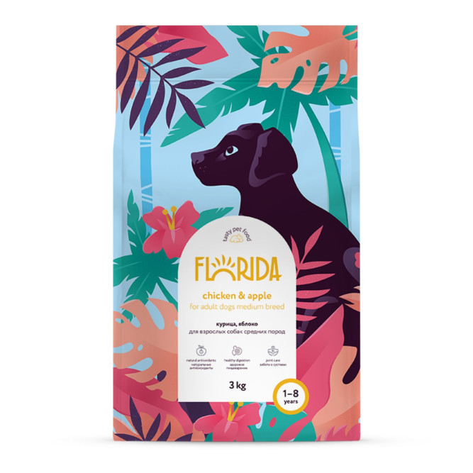 Florida сухой корм для взрослых собак средних пород с курицей и яблоком - 3 кг